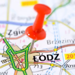 Mapa Łodzi z zaznaczoną pinezką wskazującą lokalizację — symbol wirtualnego adresu dla firm.