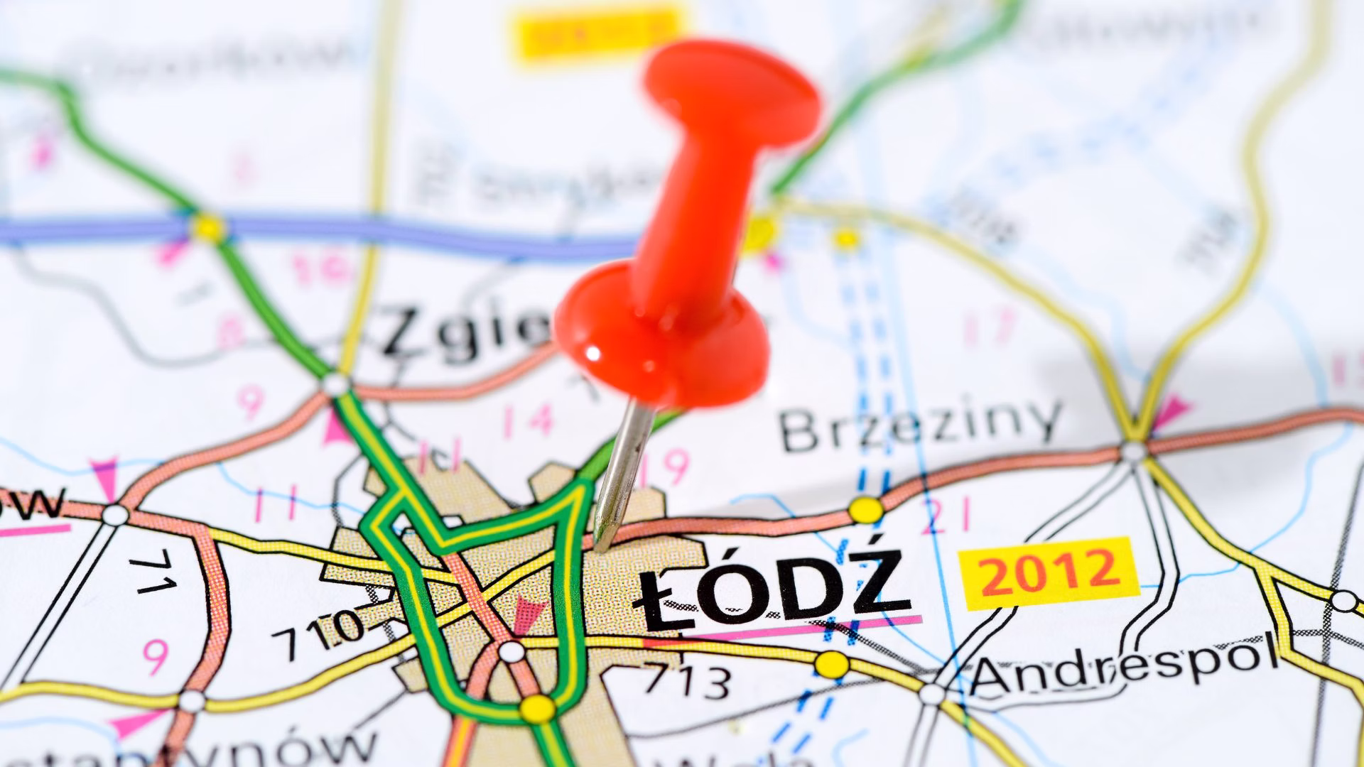 Mapa Łodzi z zaznaczoną pinezką wskazującą lokalizację — symbol wirtualnego adresu dla firm.