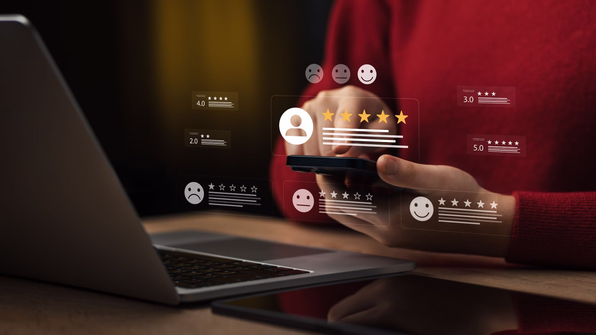 Klient sprawdza opinie i adres firmy przed podjęciem współpracy.